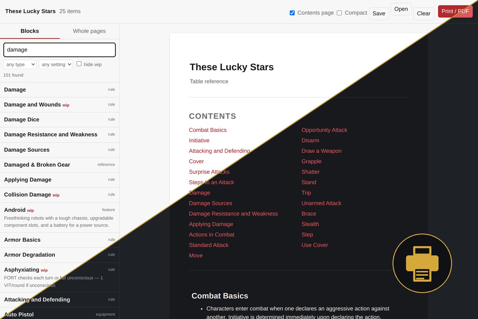 The PDF builder: a searchable block library beside a document with a contents page